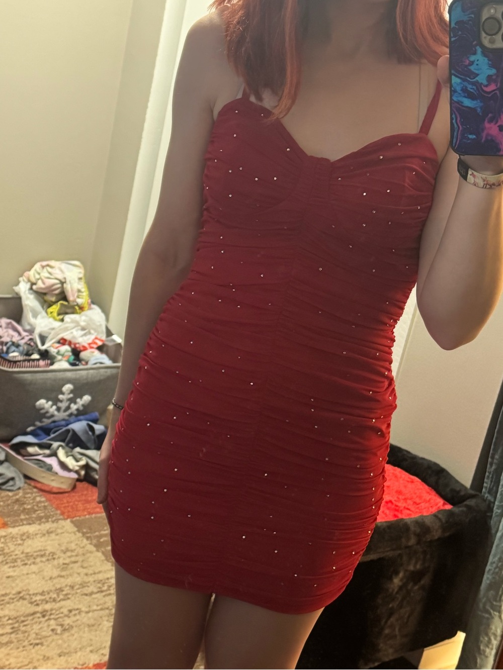 Red Ruched Rhinestone Bodycon Dress - Picture 6 of 6